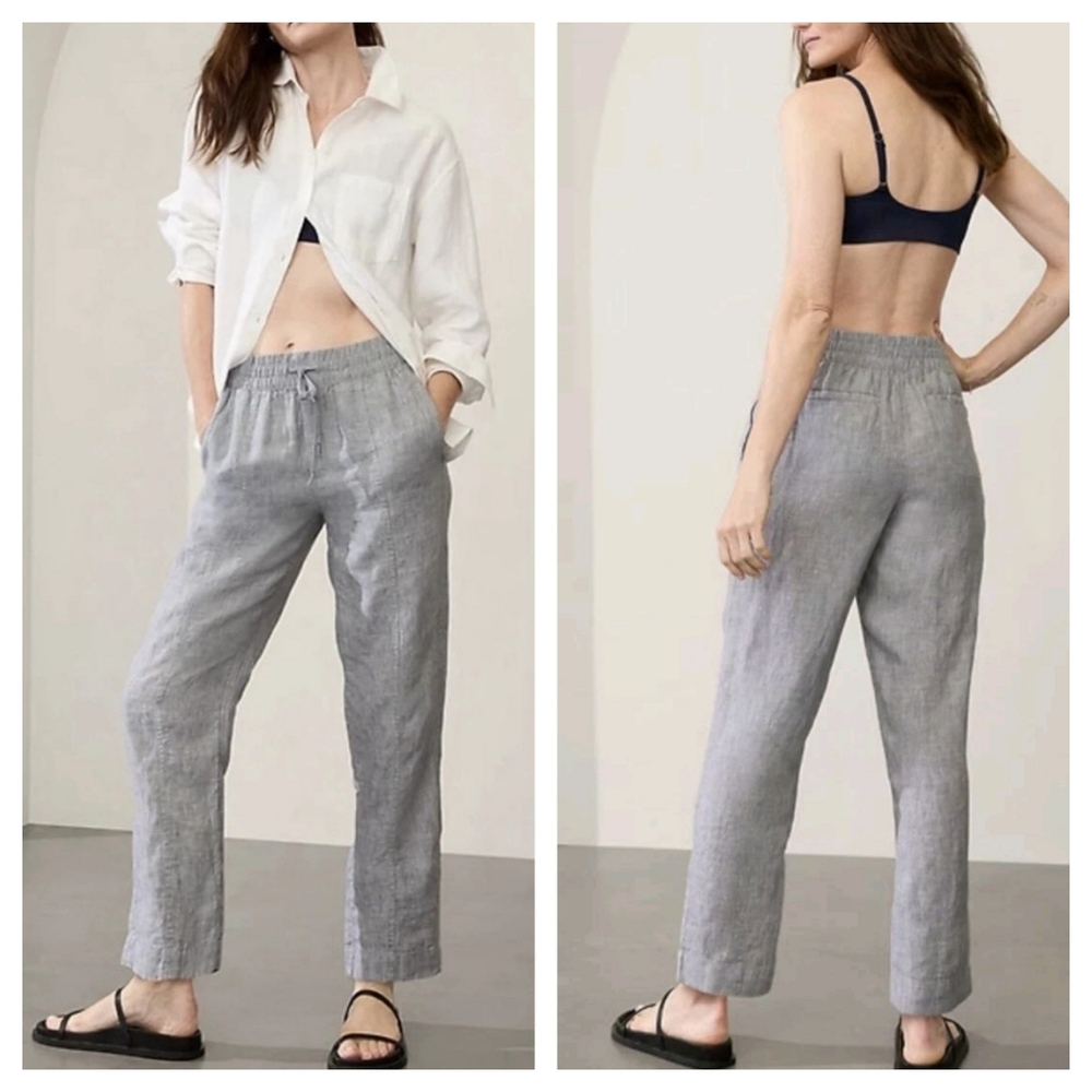 Athleta Light Gray Straight-Leg Linen Drawstring Pants